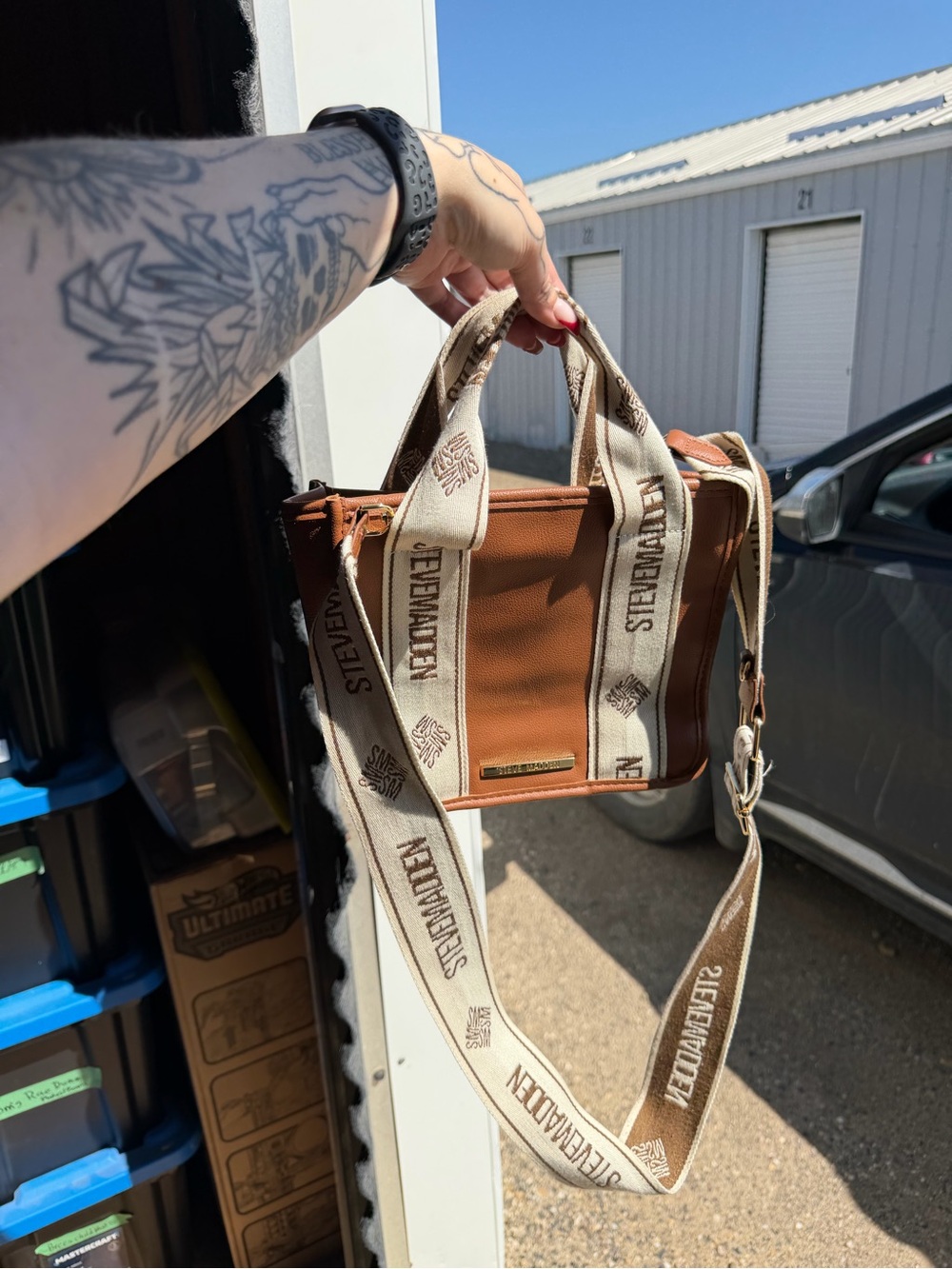 Steve Madden Tan Brown Leather Messenger Bag with Branded Strap